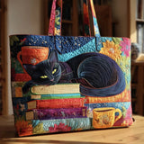 Handcrafted Bag – Black Cat with Books and Cups