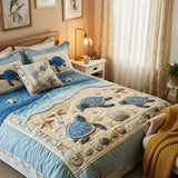 3 Piece Quilted Bed Linen Set - Ocean Waves