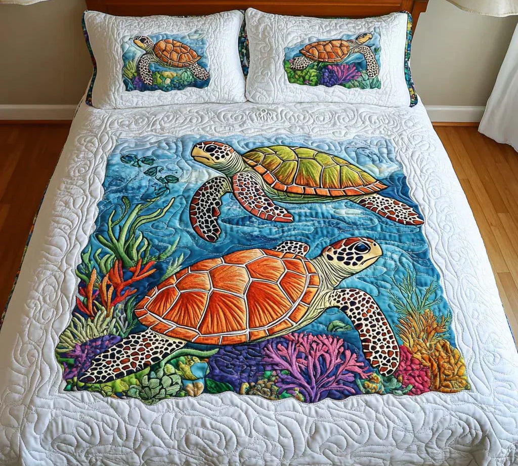 Parure de lit matelassée 3 pièces - Tortues Marines