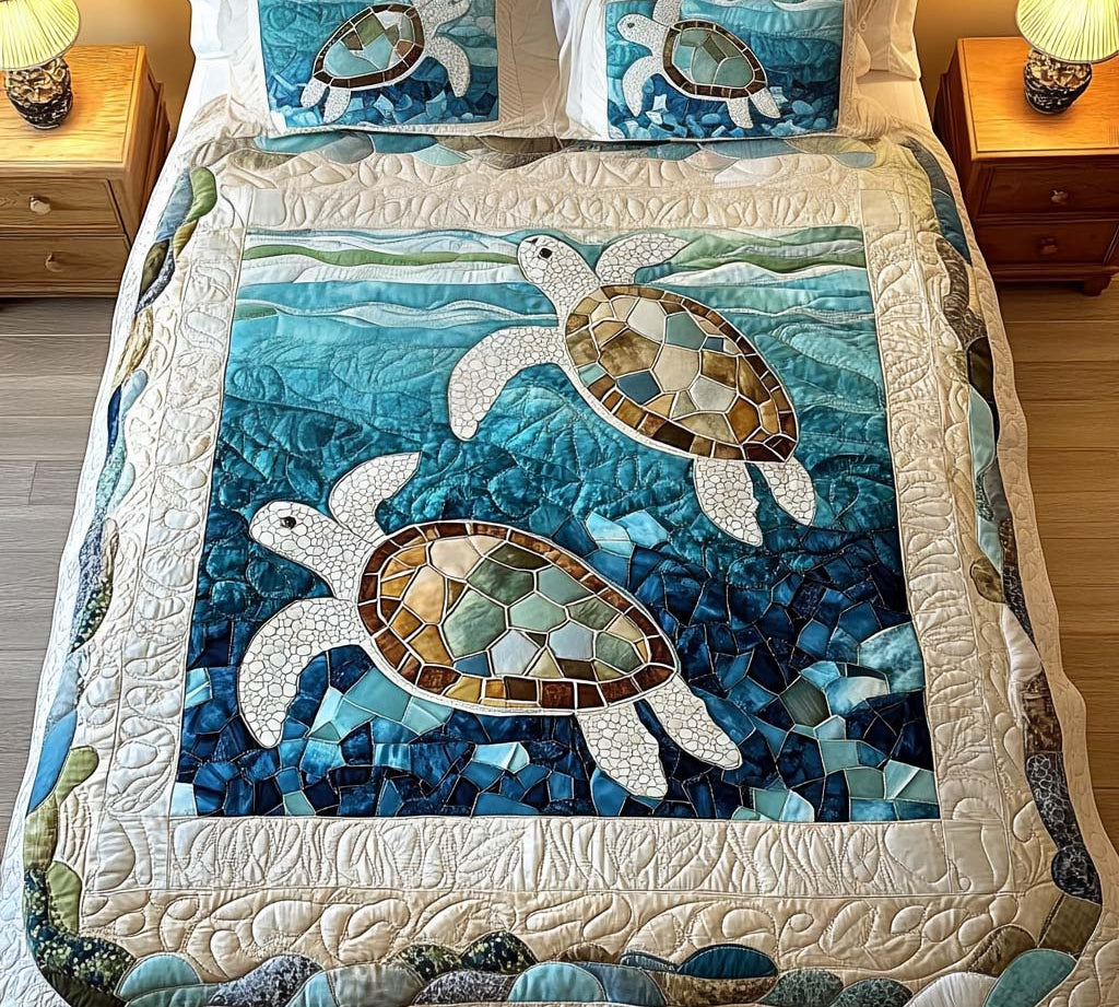 Parure de lit matelassée 3 pièces - Tortues Marines