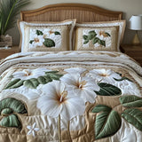 3 Piece Quilted Bedding Set – White Hibiscus