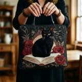 Handcrafted Quilted Bag – Black Cat on Books
